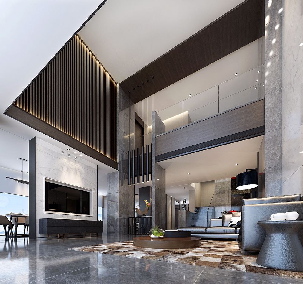 黑白灰现代简约风格室内装修效果图-兴义天湖郦都别墅420平米
